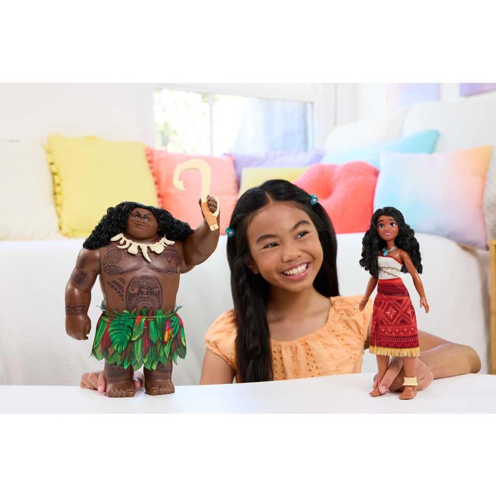Mattel Moana 2 Voyager Maui doll with necklace and hook for heroic play.