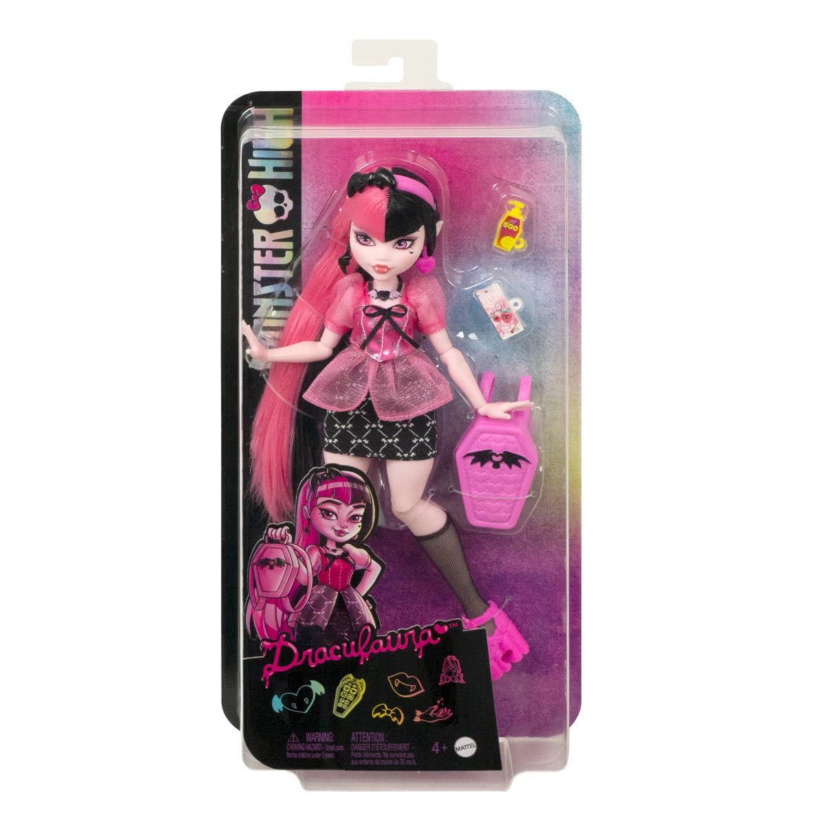 Mattel Monster High Draculaura day-out doll front view showcases chic style and poseable fun.