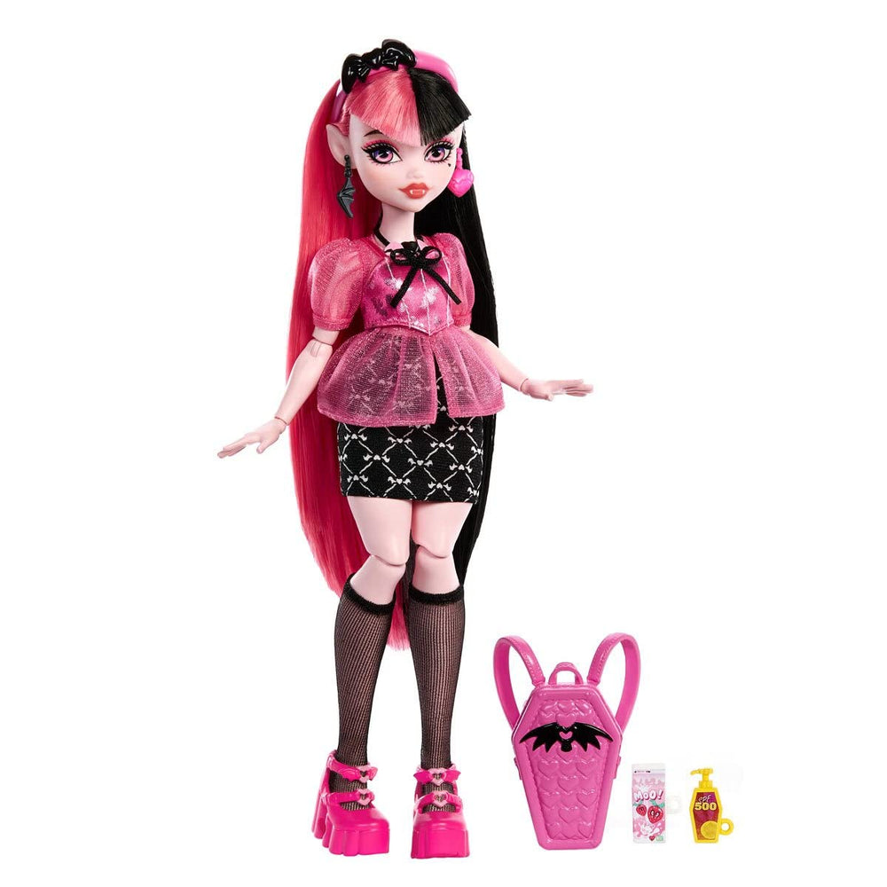 Mattel Monster High Draculaura pink blouse and skirt accentuate fashion-forward play.