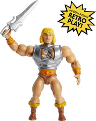 Mattel MOTU Origins He-Man battle armor spins to reveal combat damage for dramatic play.