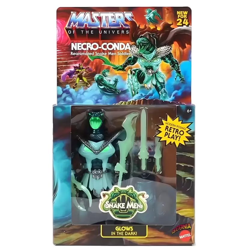 Mattel MOTU Origins Necro-Conda comes with three weapons and a trading card.