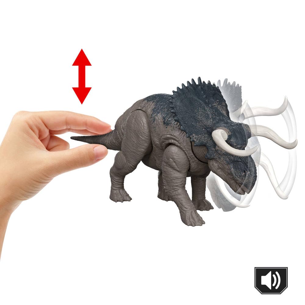 Mattel Nasutoceratops movable joints for lifelike poses.