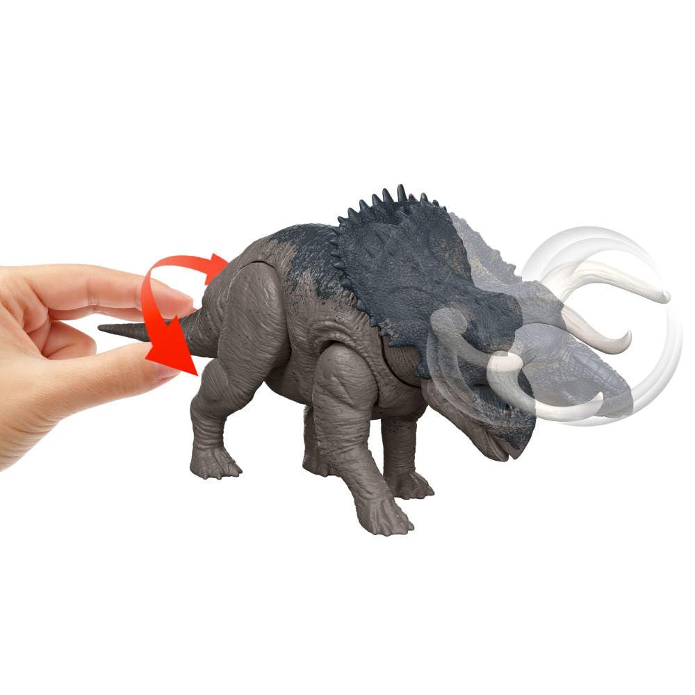 Mattel Nasutoceratops tail twist to change attack direction.