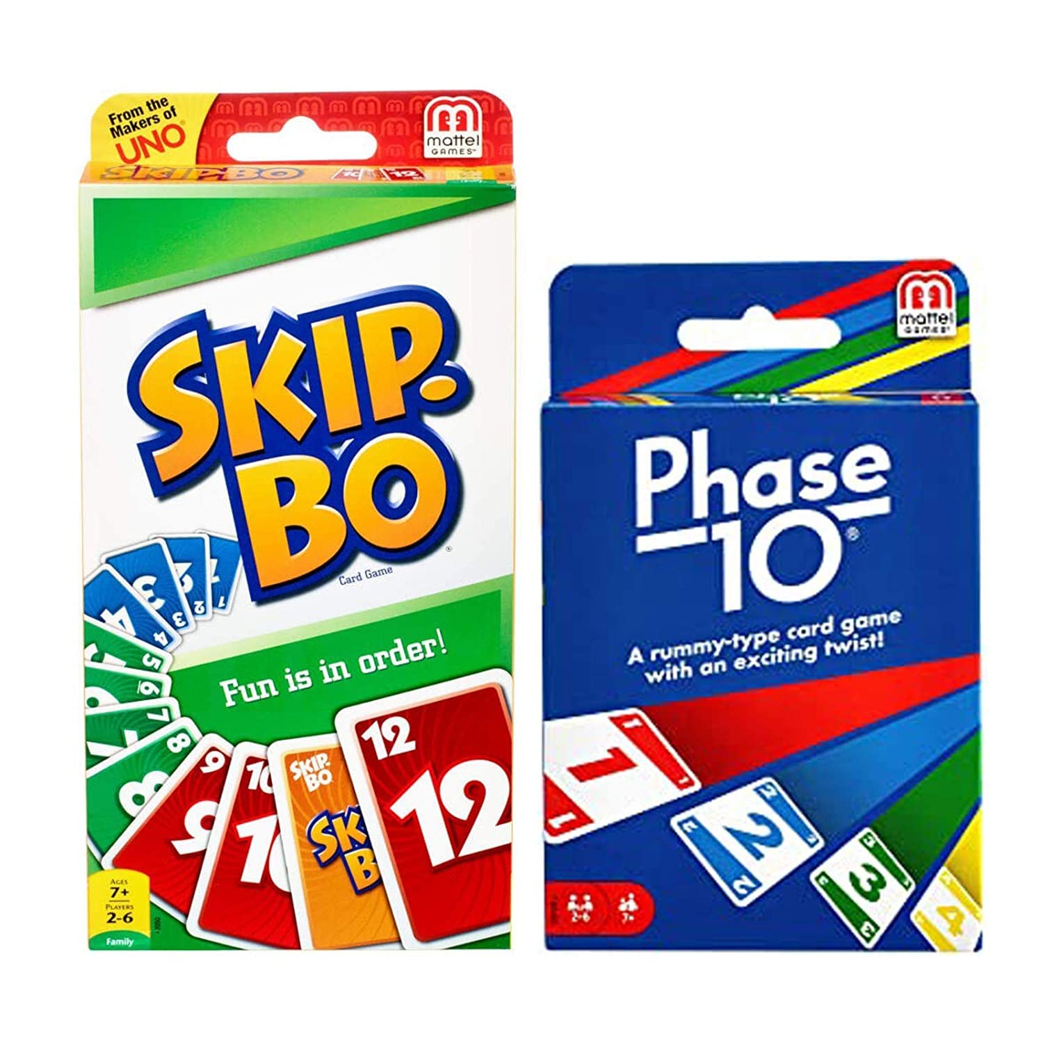 Mattel Phase 10 and Skip-Bo box front, ideal for family game night