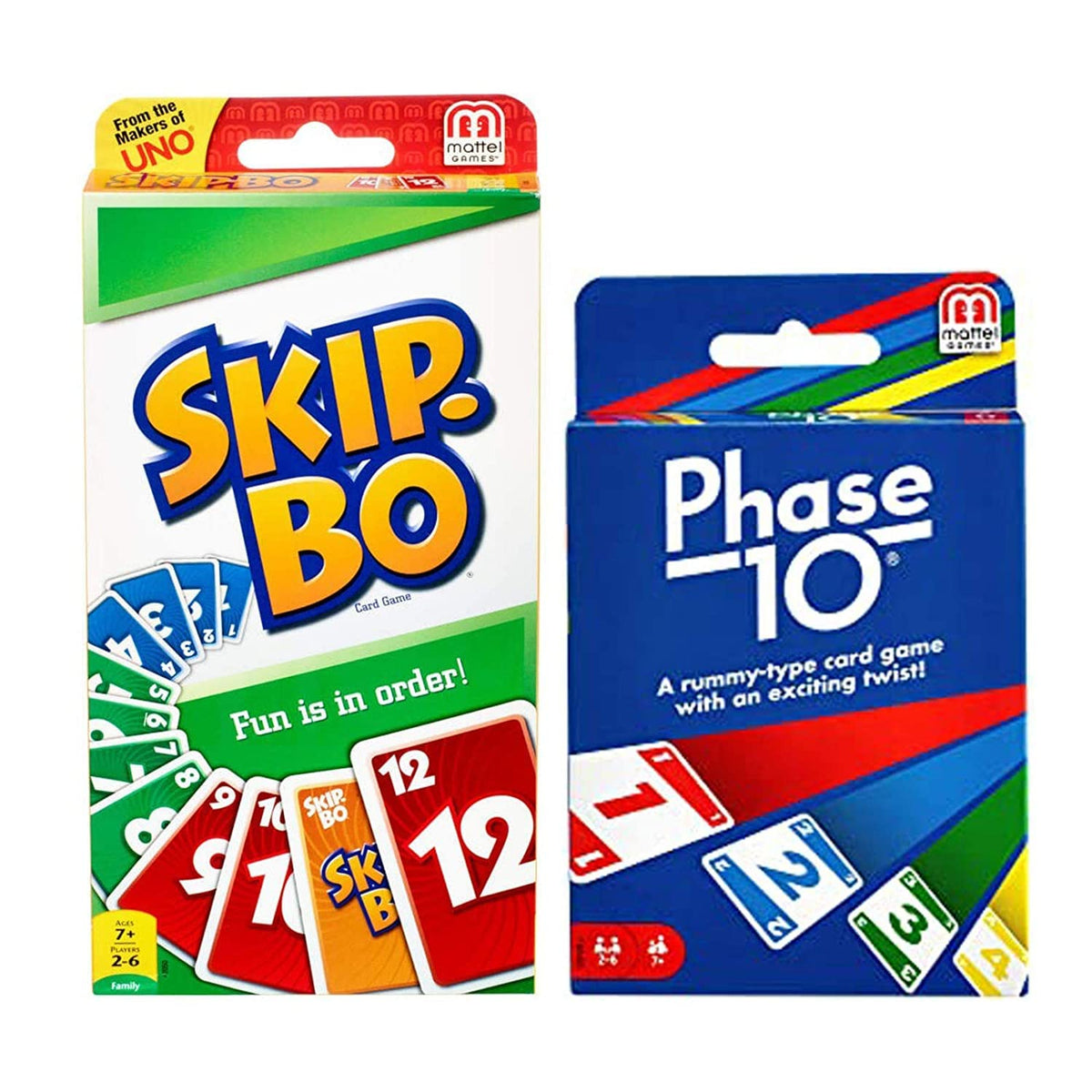 Mattel Phase 10 and Skip-Bo box front, ideal for family game night