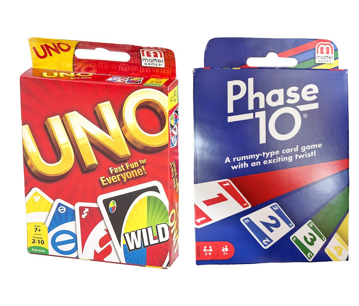 Mattel Phase 10 UNO card game set on table for family game night