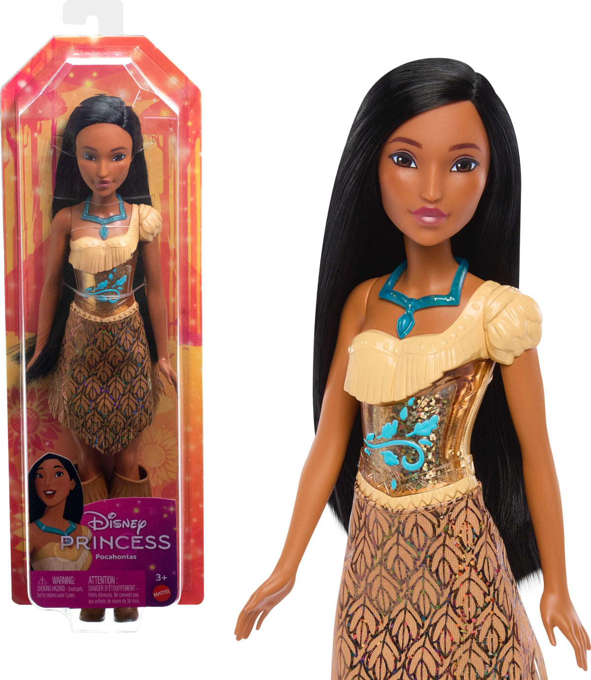 Mattel Pocahontas doll in sparkling outfit for imaginative play and dress-up.