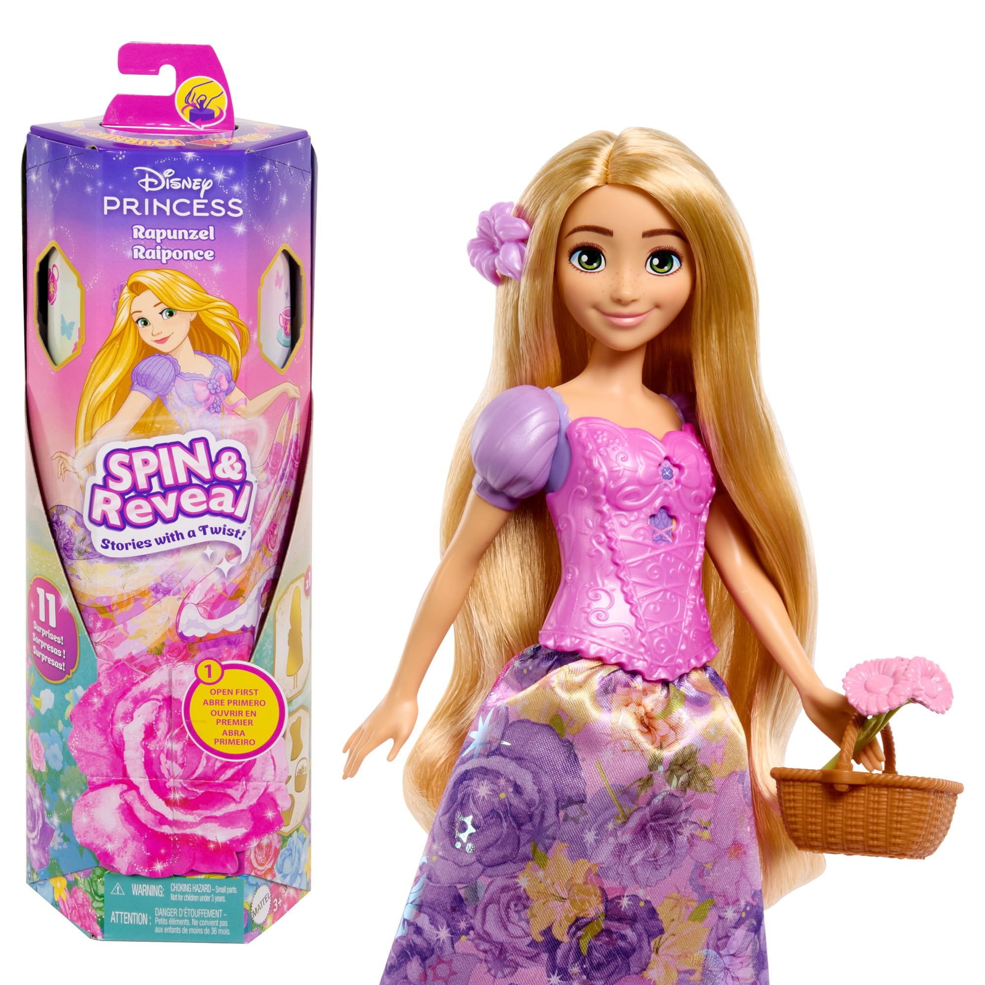 Mattel Rapunzel Spin & Reveal doll in a floral outfit for imaginative play.