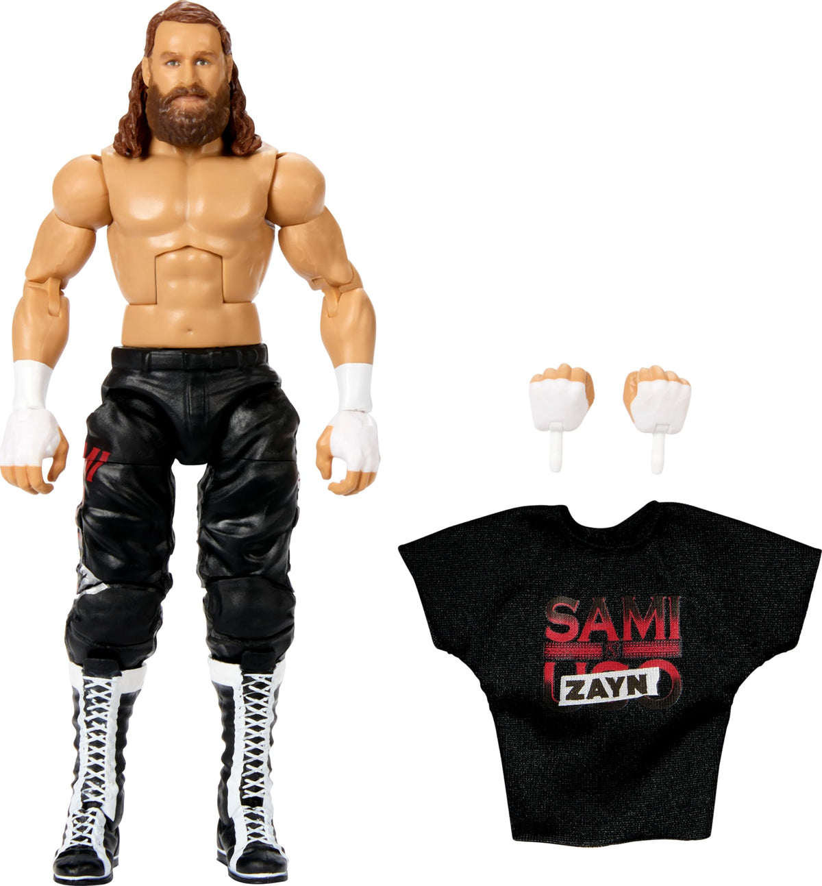 Mattel Sami Zayn Elite figure front view highlights TrueFX detailing for lifelike expression.
