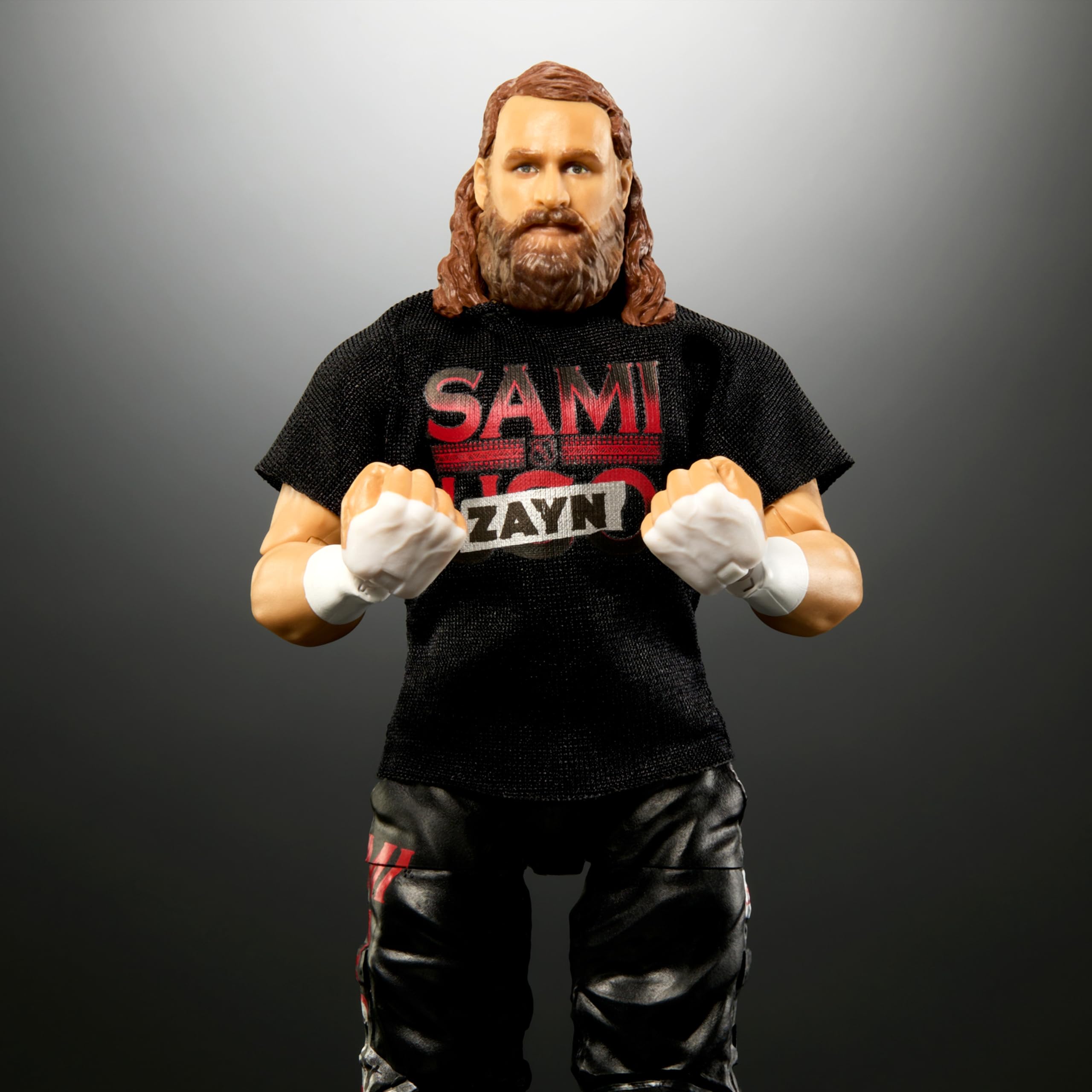 Mattel Sami Zayn Elite figure swappable hands offer versatile play options.