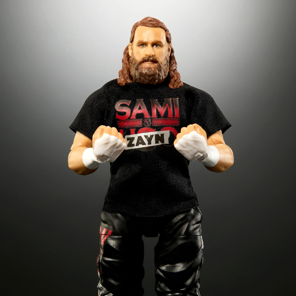 Mattel Sami Zayn Elite figure swappable hands offer versatile play options.