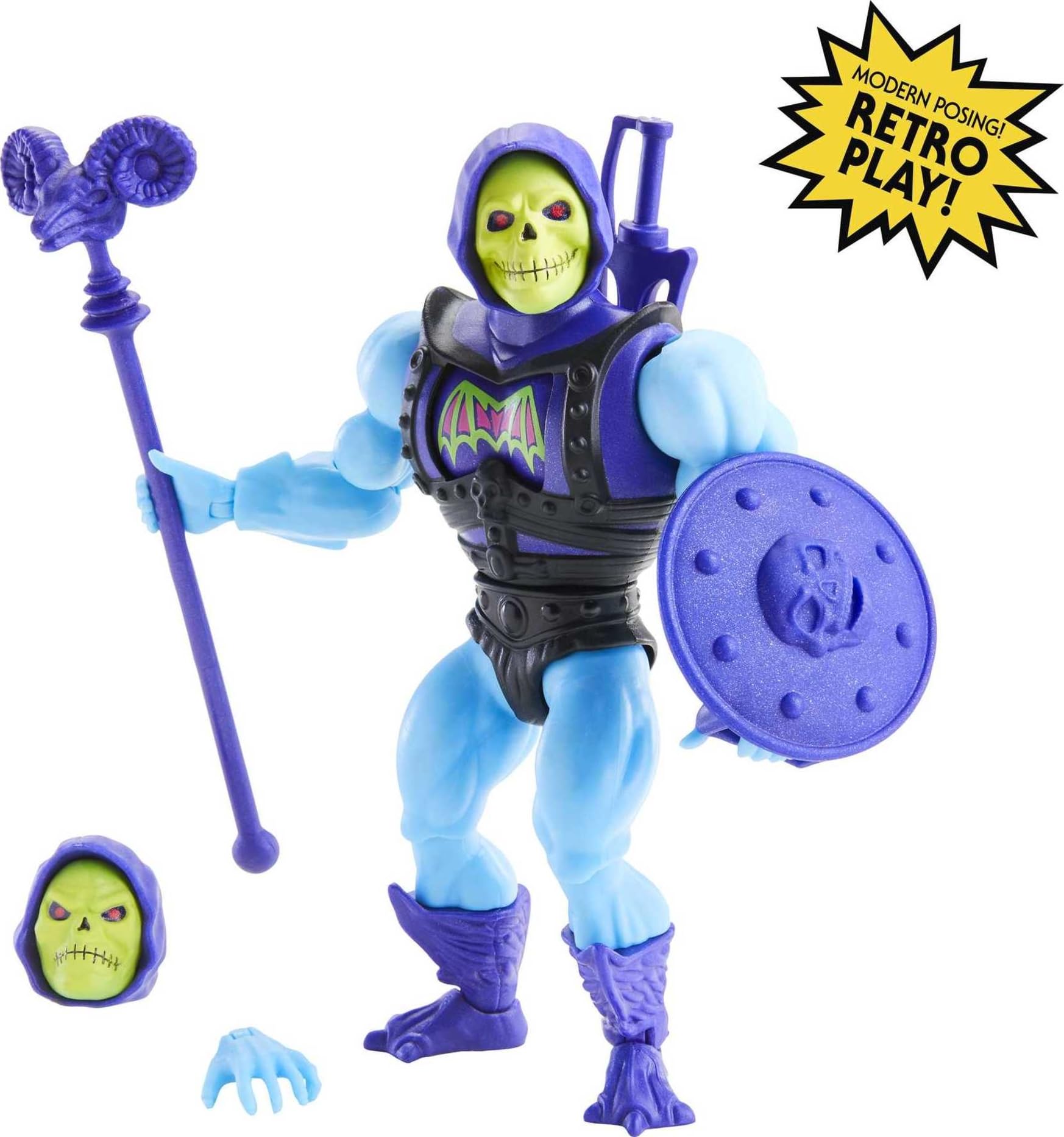 Mattel Skeletor Deluxe articulation close-up highlights 16 movement points for dynamic poses
