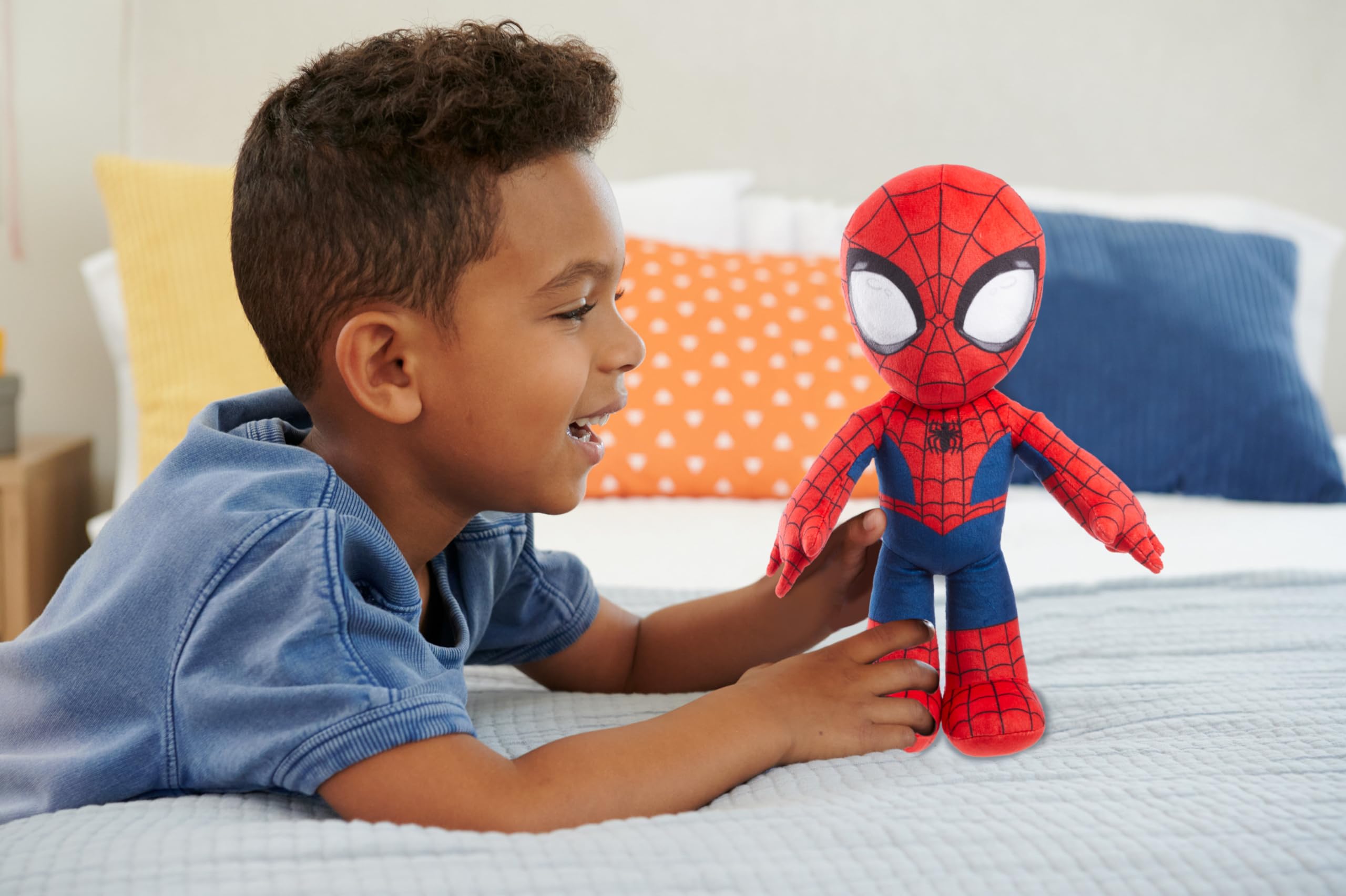 Mattel Spider-Man Plush Talkers chest press activates 10 sounds for interactive play.