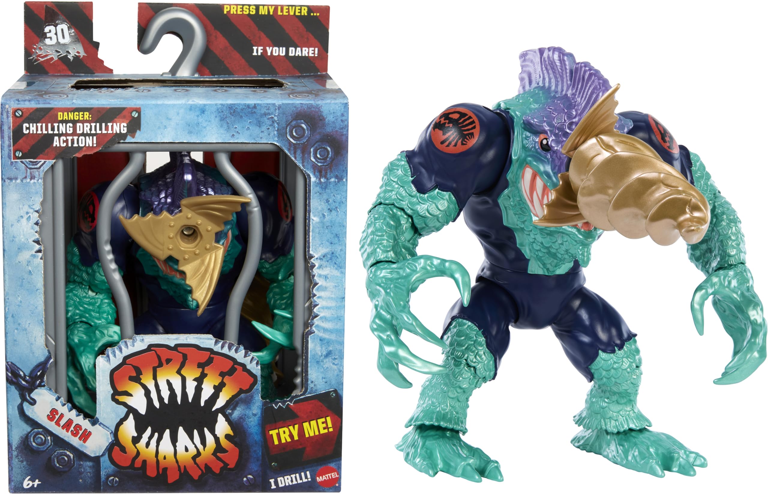 Mattel Street Sharks Slash action figure with bite motion for dynamic play and display.