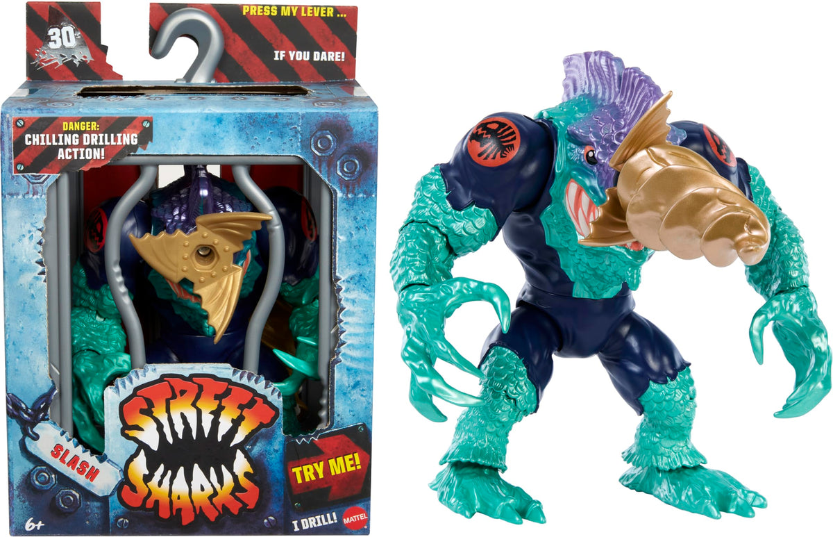 Mattel Street Sharks Slash action figure with bite motion for dynamic play and display.