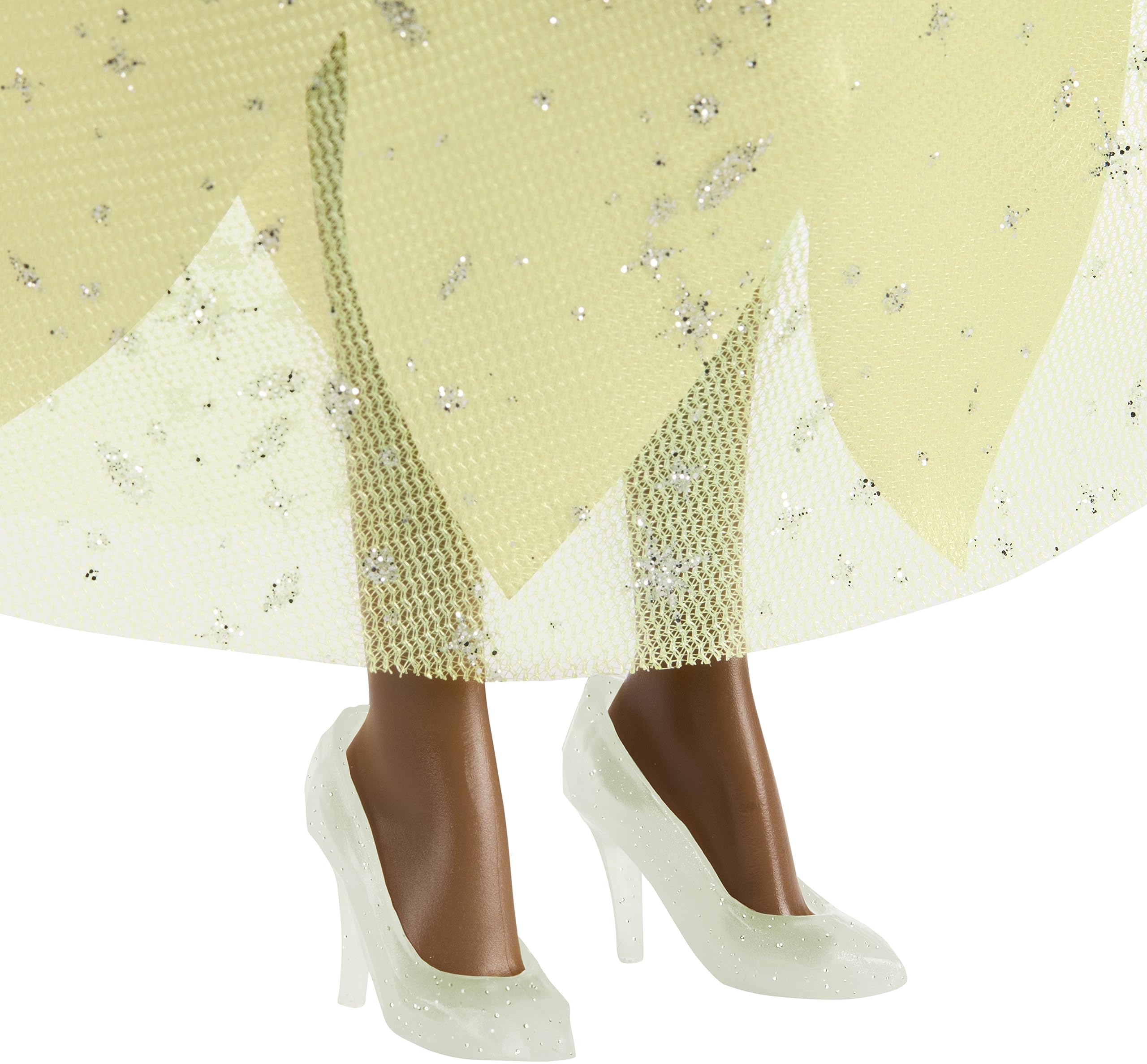 Mattel Tiana accessories—sparkling earrings and shoes enhance the crown-inspired look.