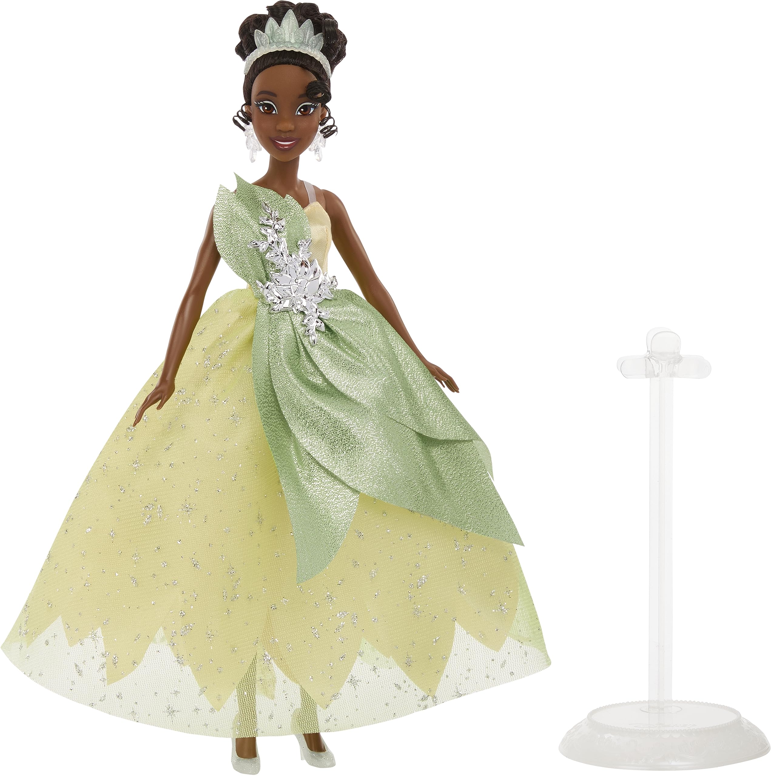 Mattel Tiana doll stand and premium packaging support safe display.