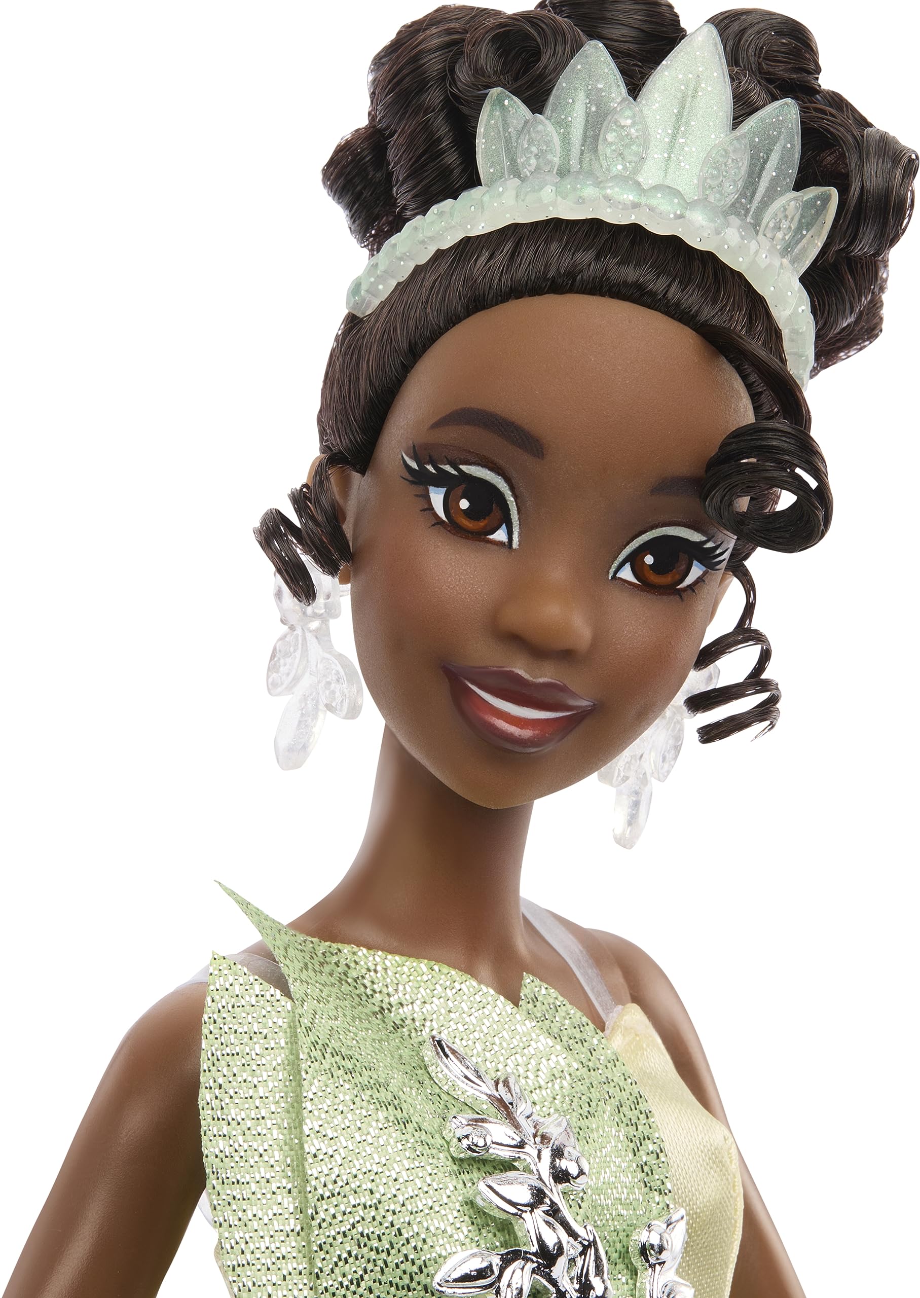 Mattel Tiana dress satin metallic detail highlights princess-like elegance for display.