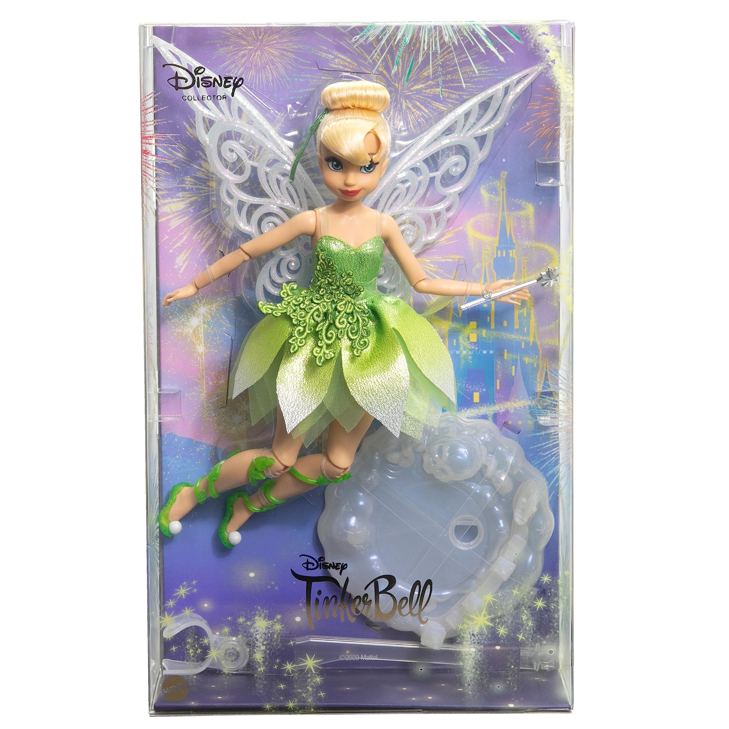 Mattel Tinker Bell doll with white ribbon hair and shimmering wand for magical posing.