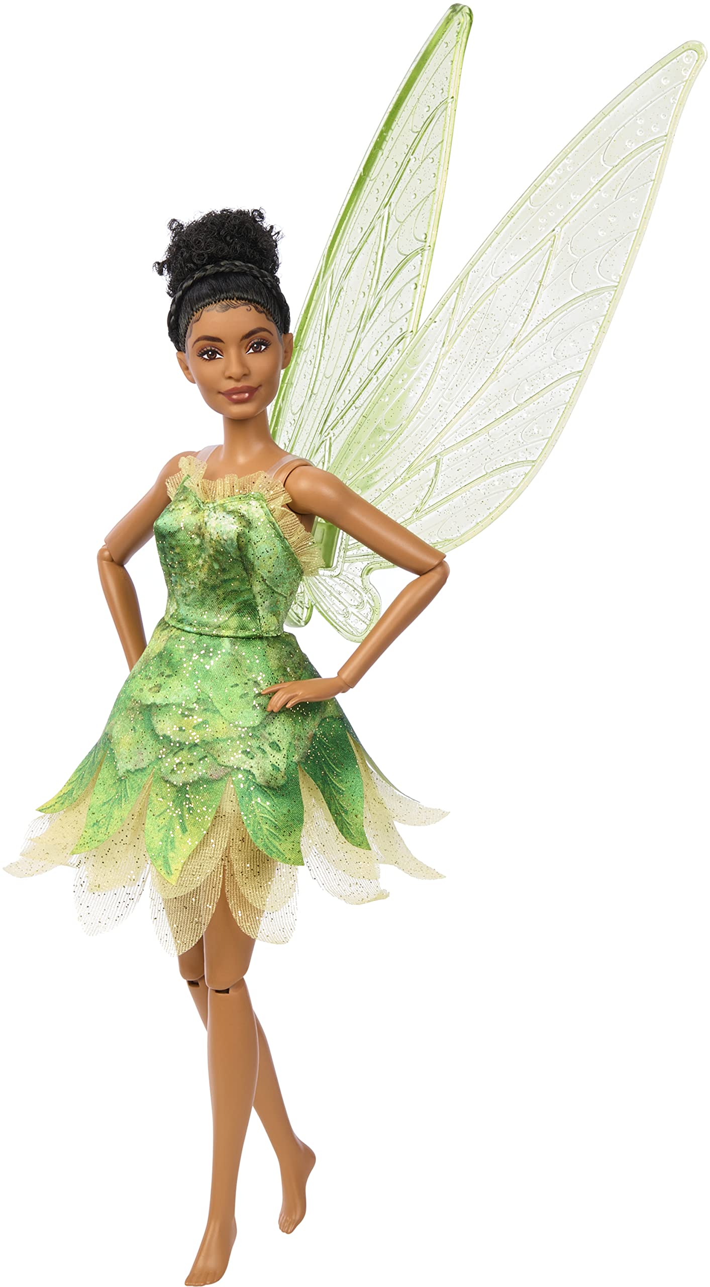 Mattel Tinker Bell doll in movie-inspired dress with glittery fabric.