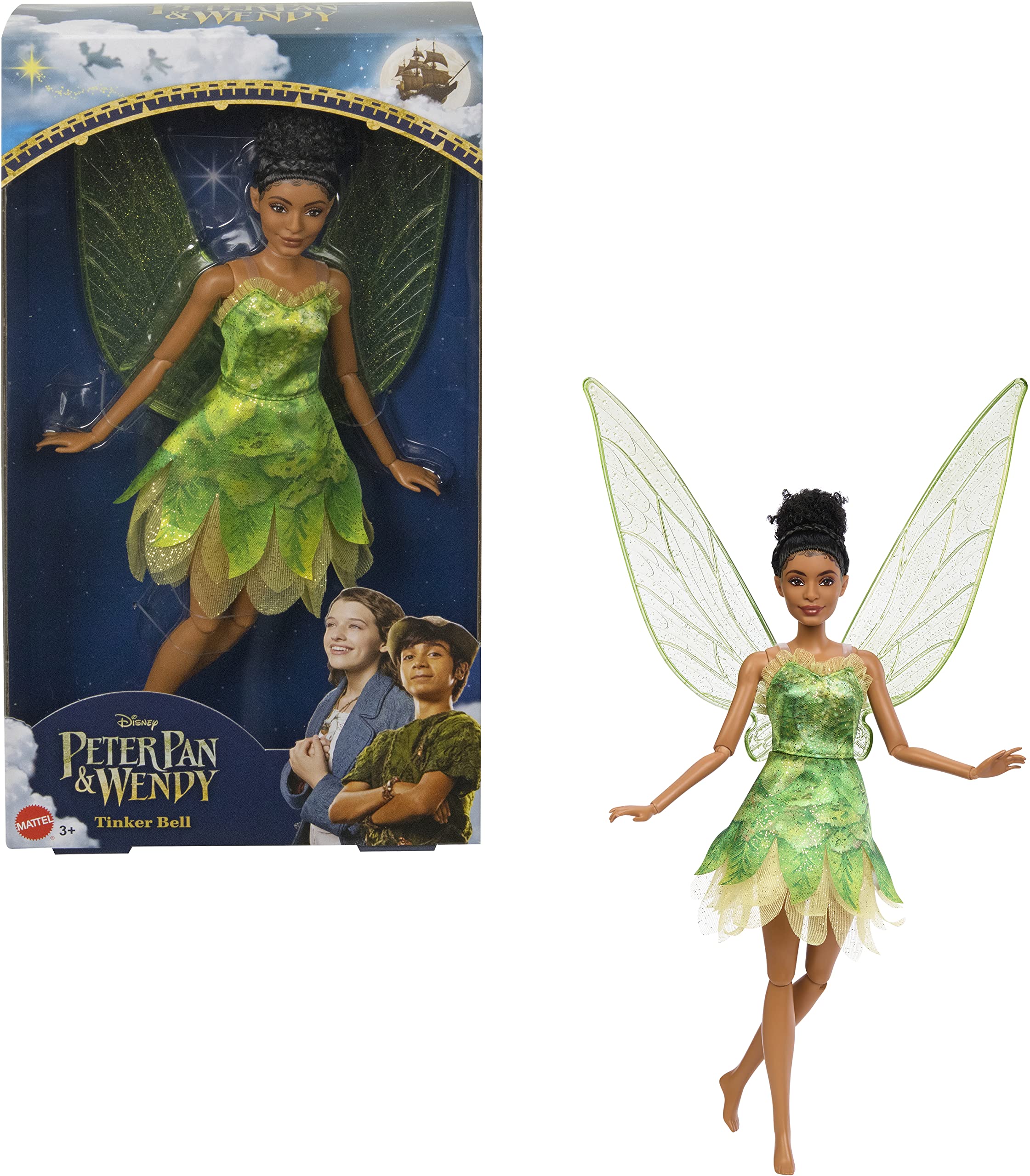 Mattel Tinker Bell doll in green outfit and sparkling wings for imaginative play.