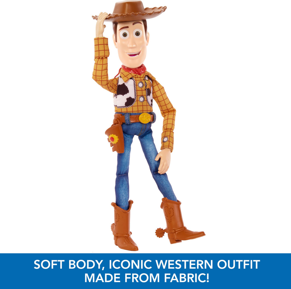 Mattel Toy Story Woody wearing fabric western shirt and jeans.