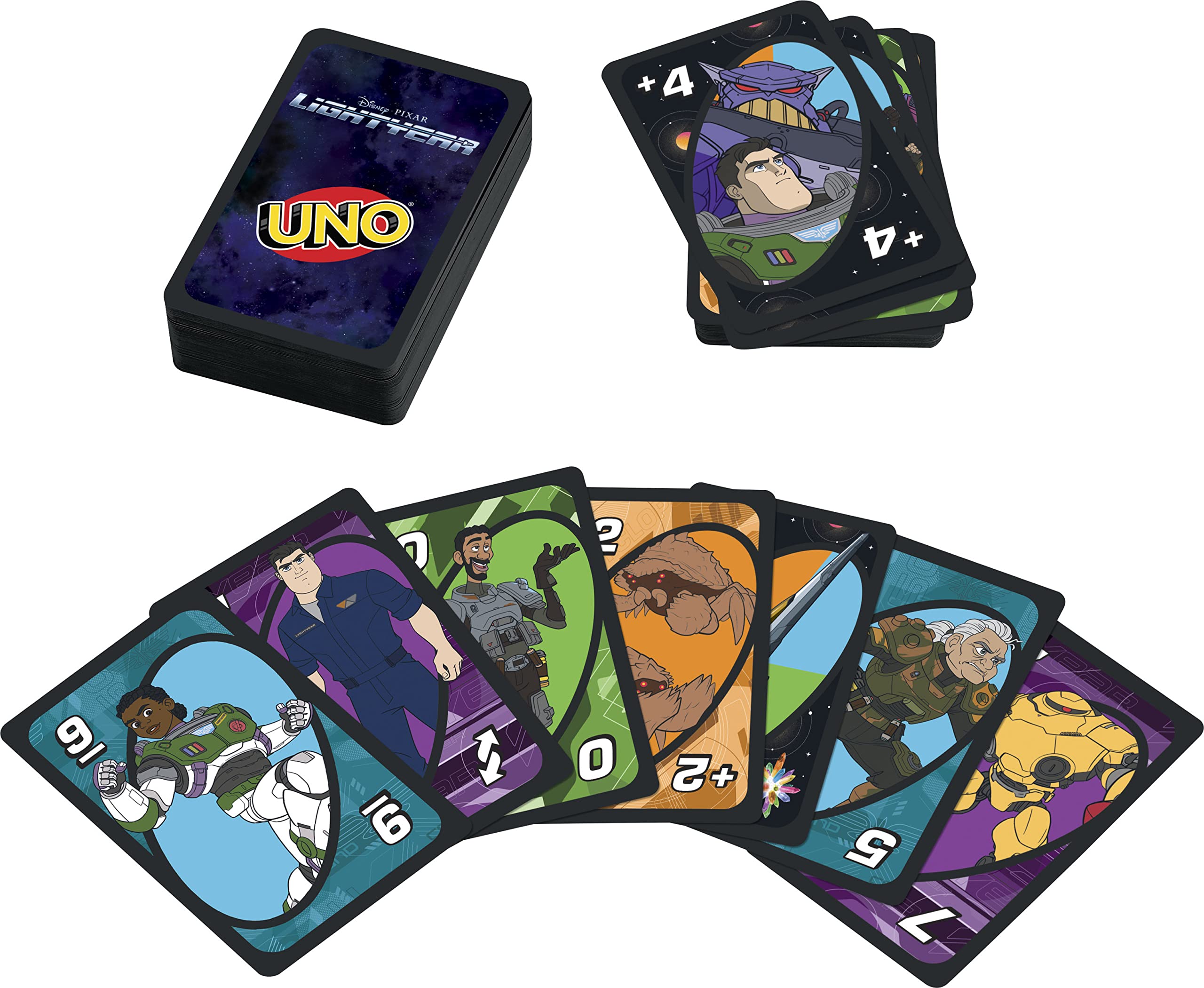 Mattel UNO Lightyear cards feature iconic characters for immersive play.