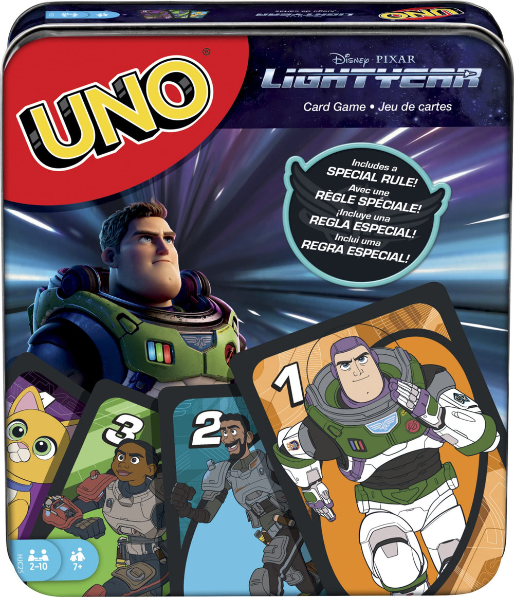 Mattel UNO Lightyear deck showing Buzz and friends for family game night.