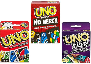 Mattel Uno No Mercy pack cover with bold colors for family game night.
