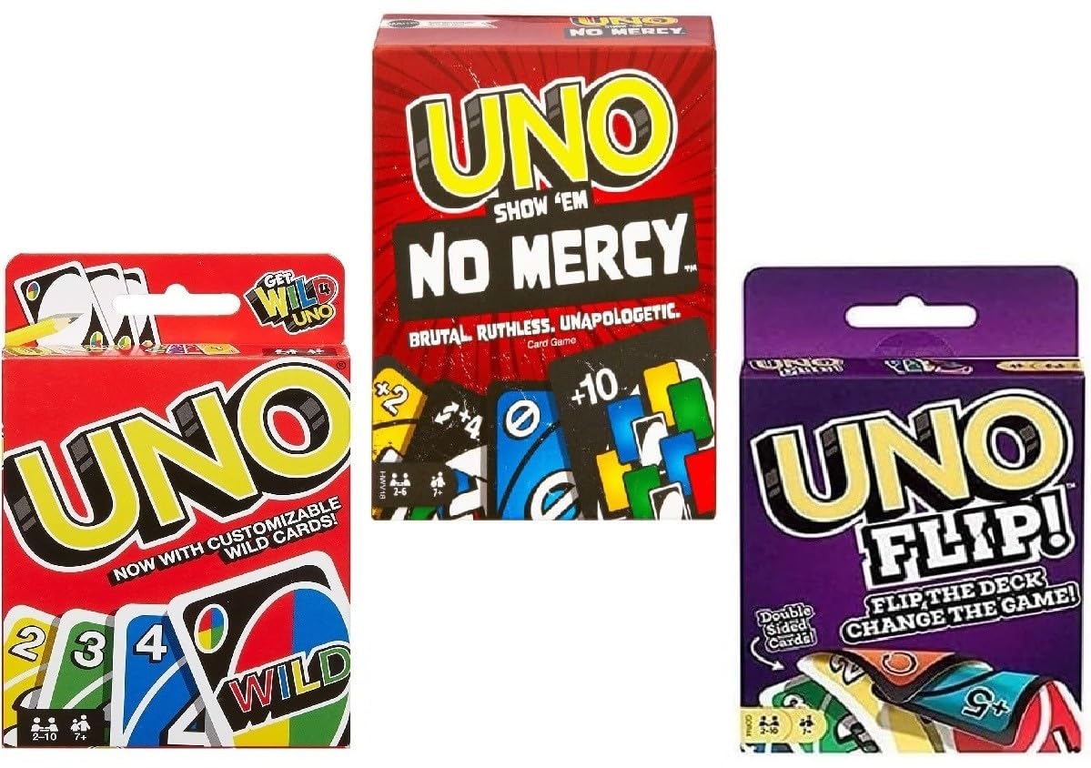 Mattel Uno No Mercy pack cover with bold colors for family game night.