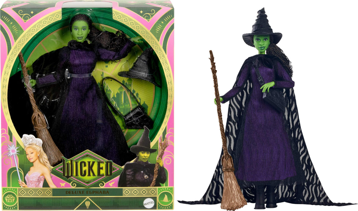 Mattel Wicked Elphaba doll cape-draped over sheer dress for dramatic display