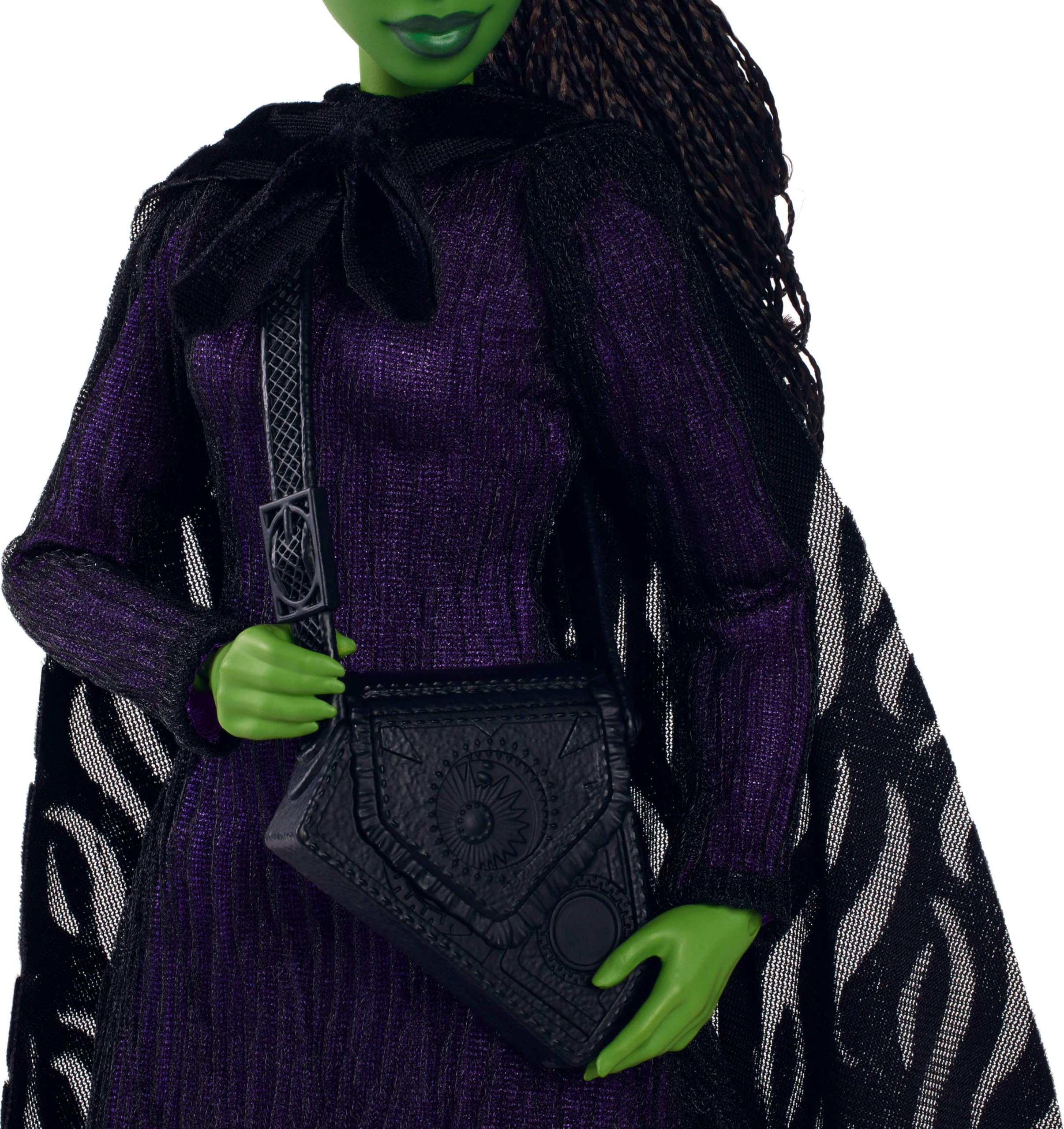 Mattel Wicked Elphaba green skin and braided hair in low ponytail for movie accuracy