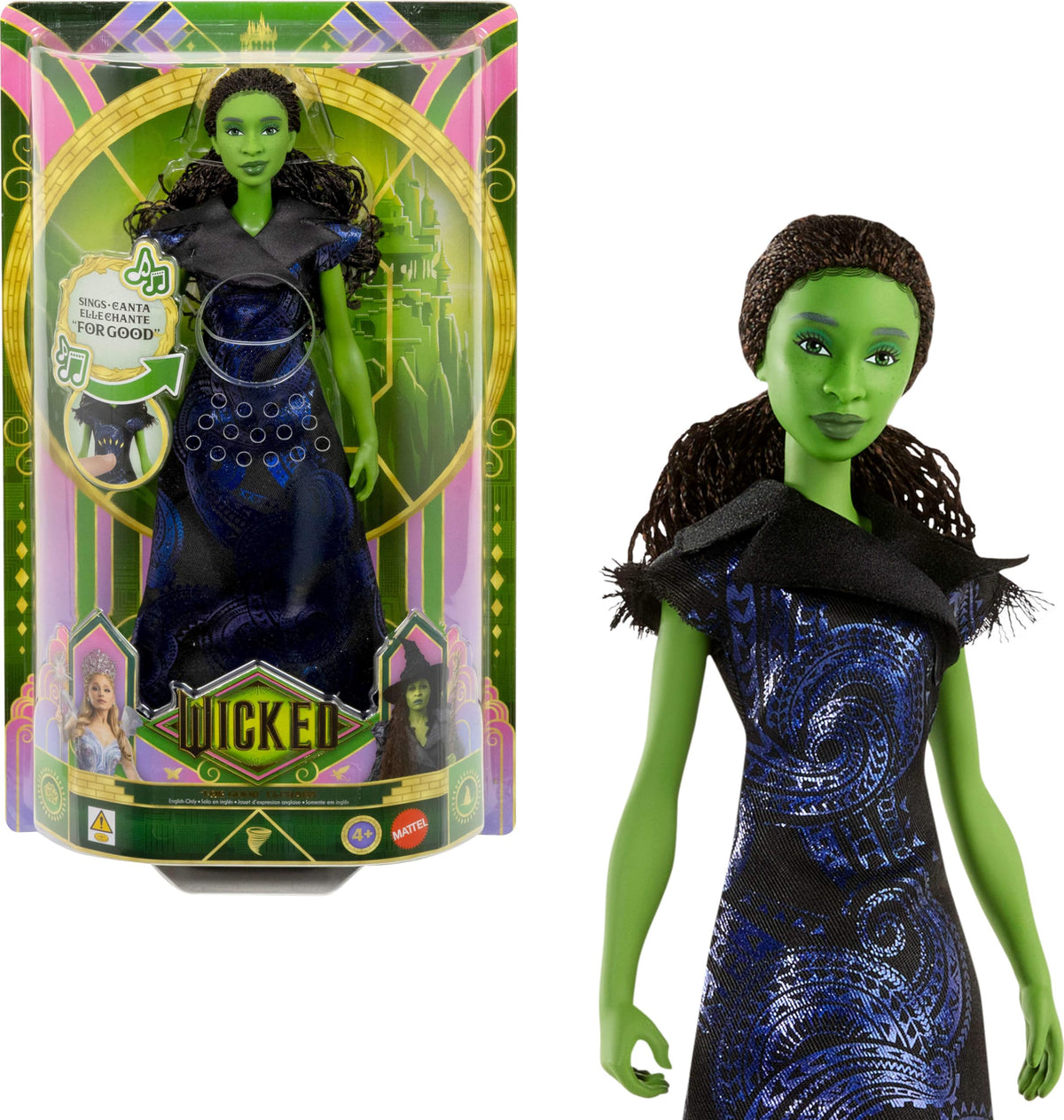Mattel Wicked Elphaba doll with green skin and a floor-length dress for imaginative play.