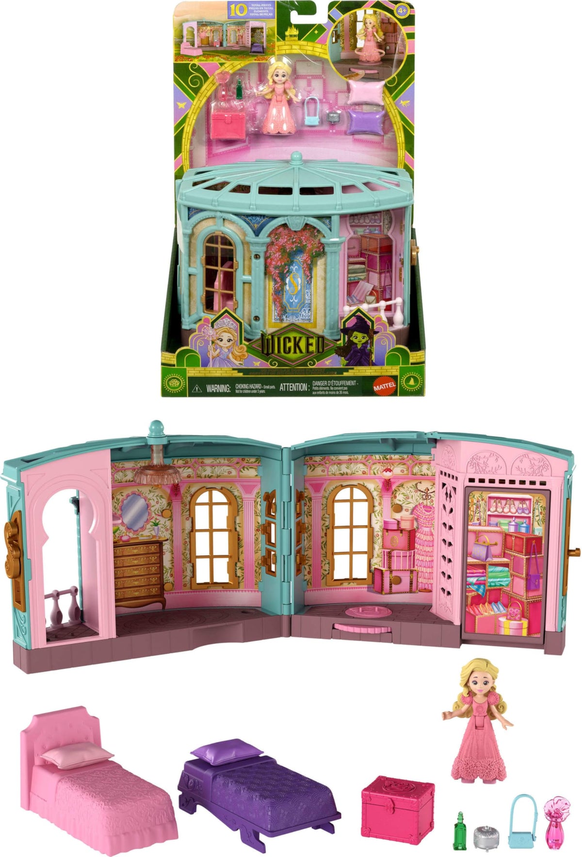 Mattel Wicked dorm playset with Glinda doll for imaginative storytelling.