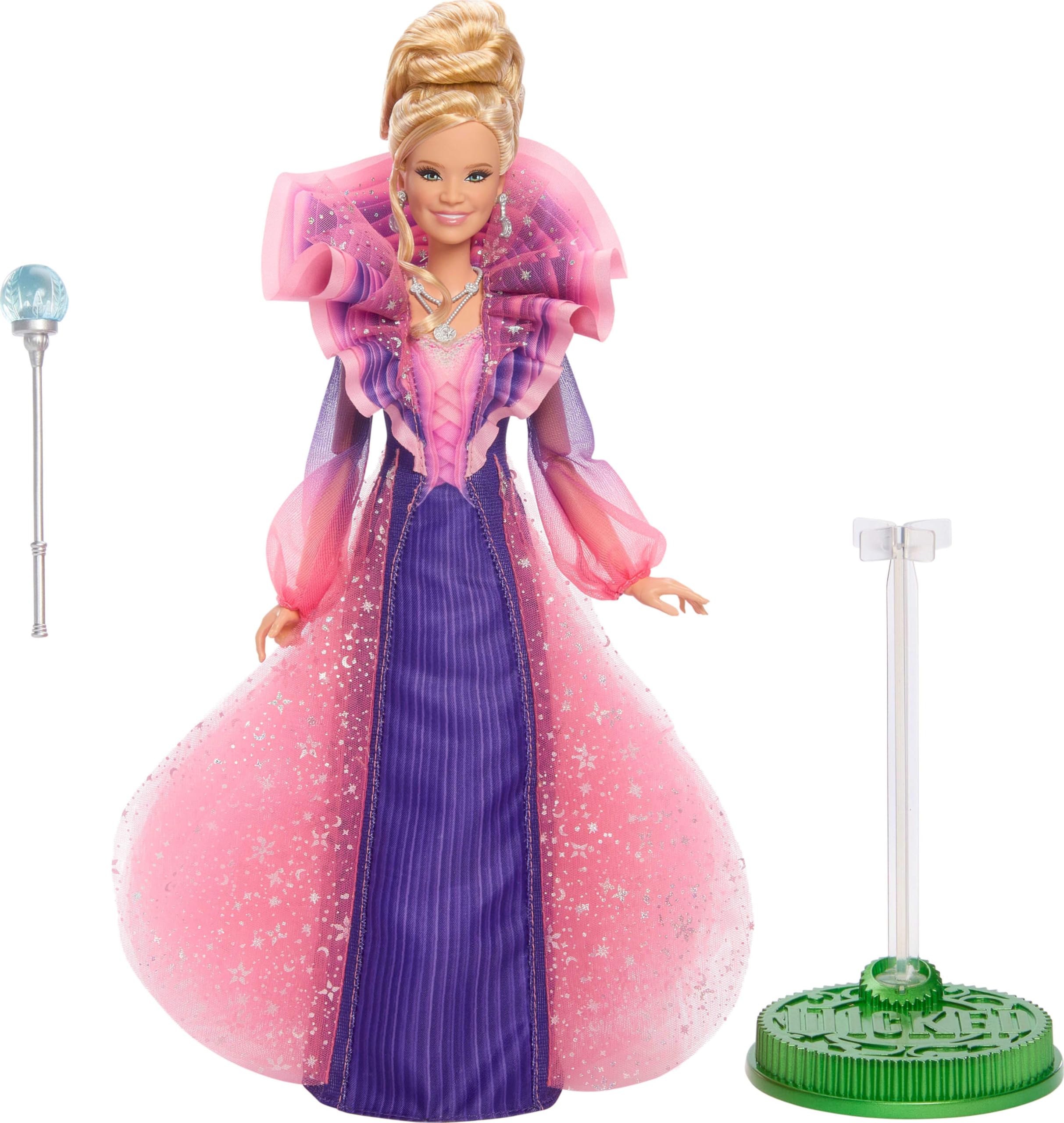 Violet gown details enhance celestial styling on the Mattel Moon doll.