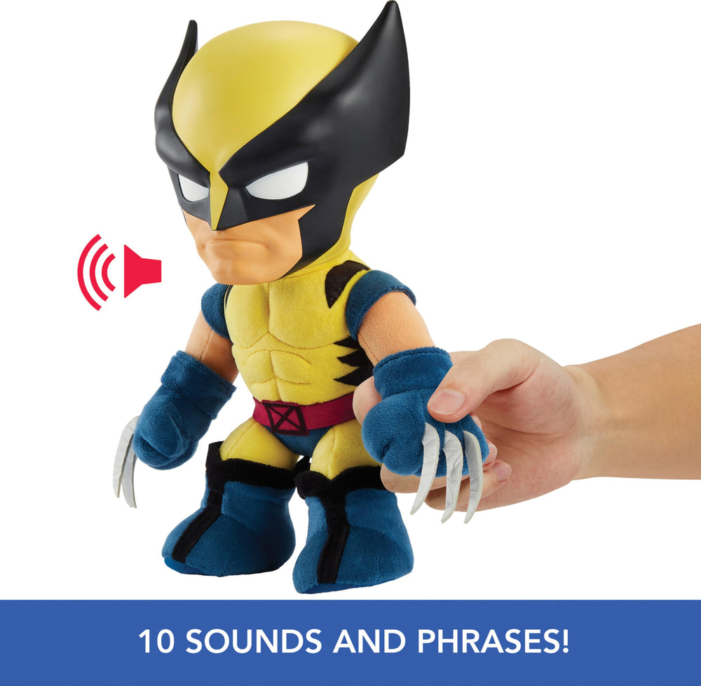 Mattel Wolverine plush with 10 iconic sounds enhances storytelling during pretend battles.