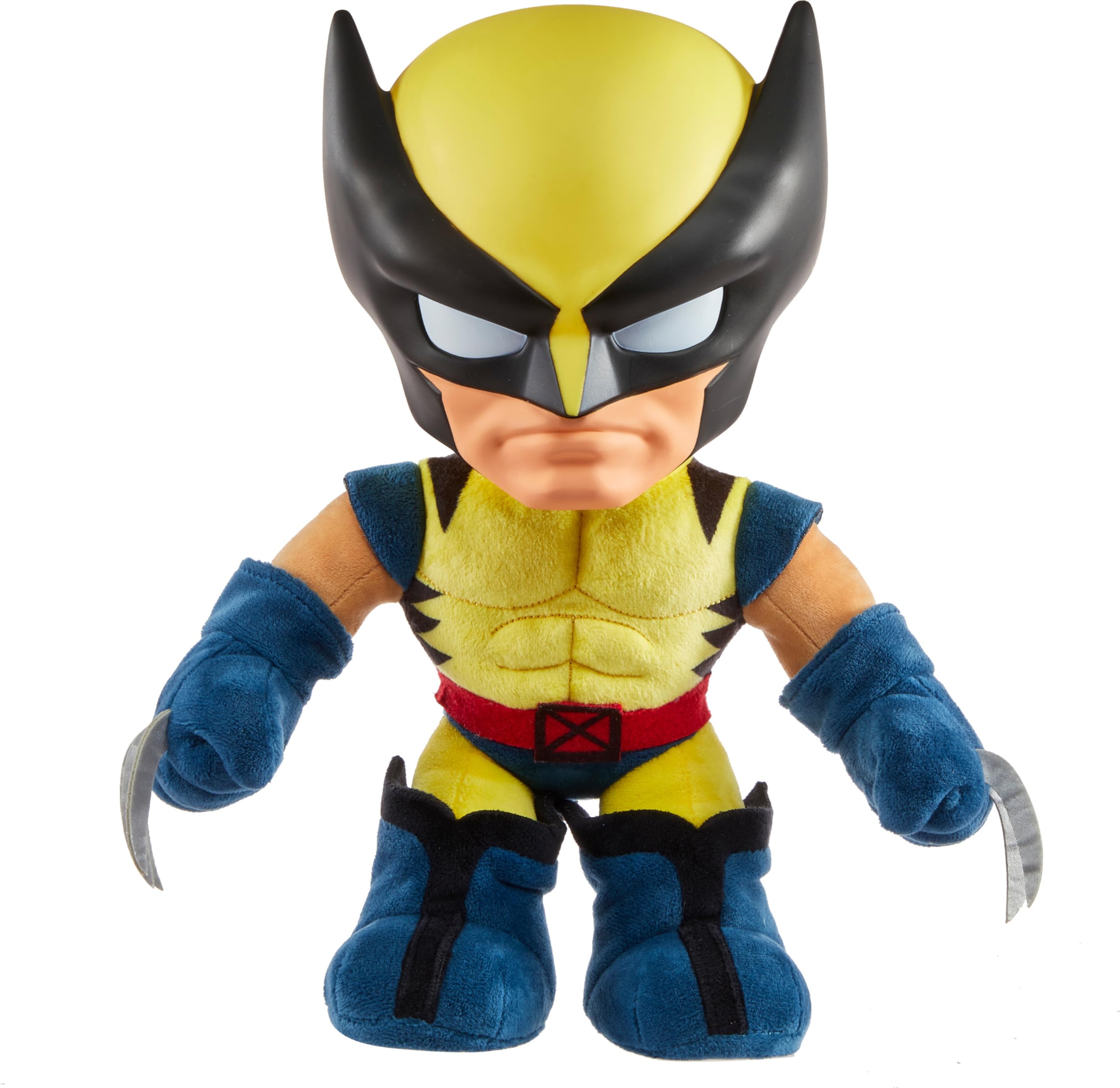 Mattel Wolverine plush in yellow suit with 90s animation style for nostalgic play.