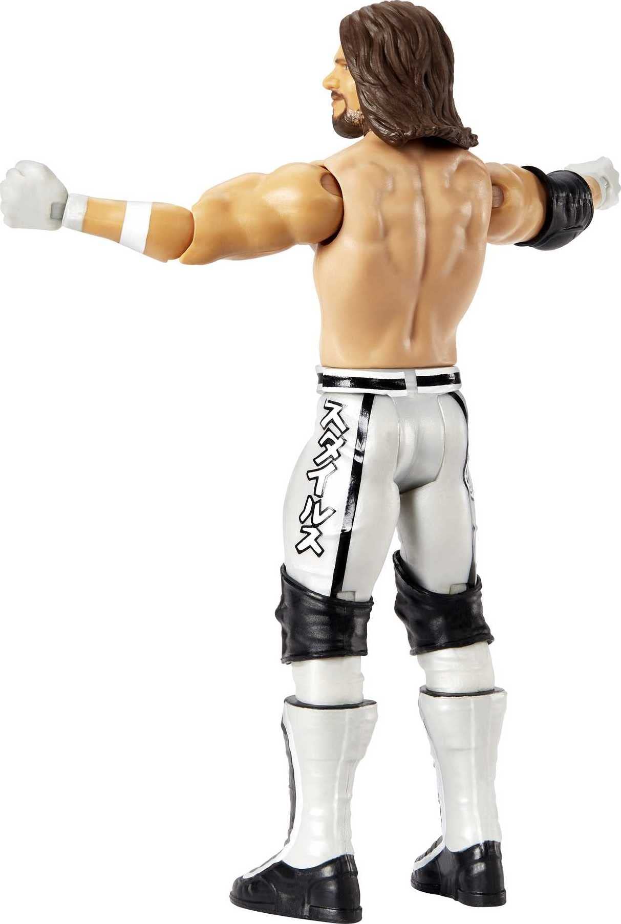 Mattel WWE Aj Styles six-inch scale fits standard playsets for easy collection.