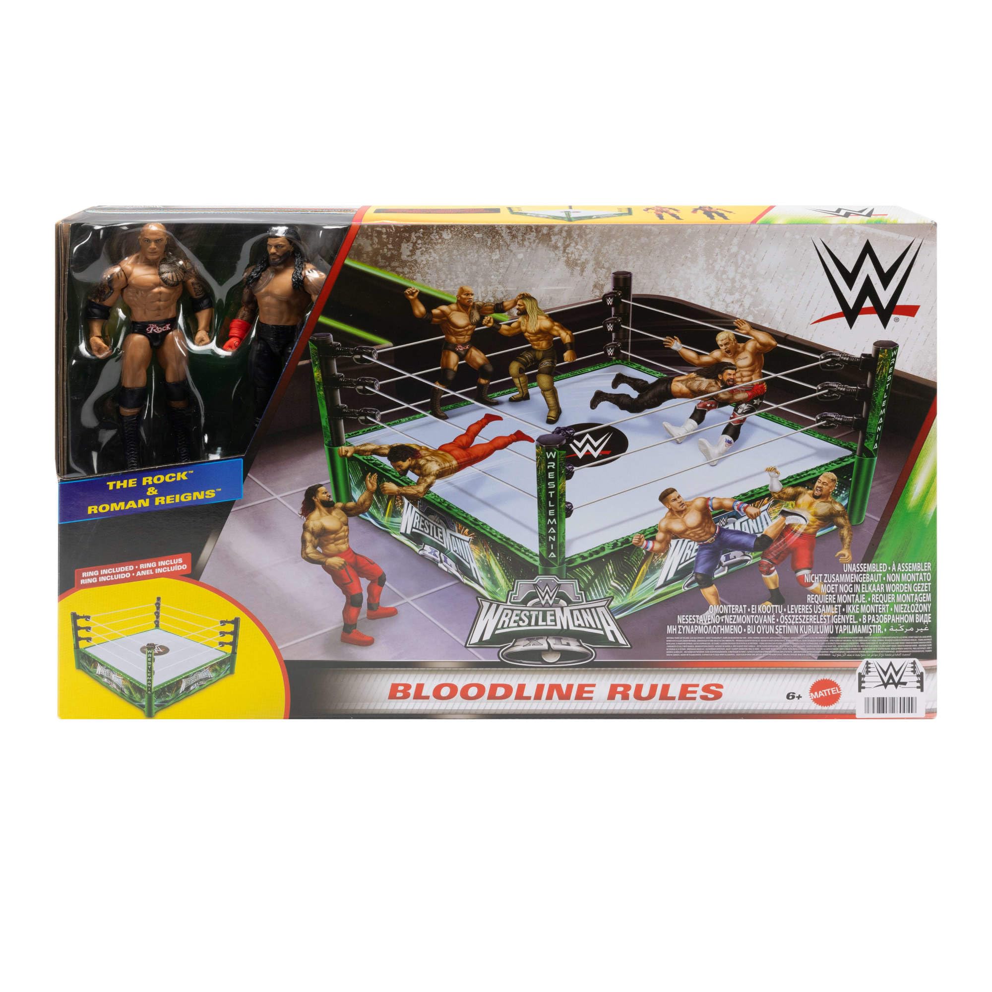 Spring-loaded mat in Mattel WWE Bloodline ring for dramatic pins