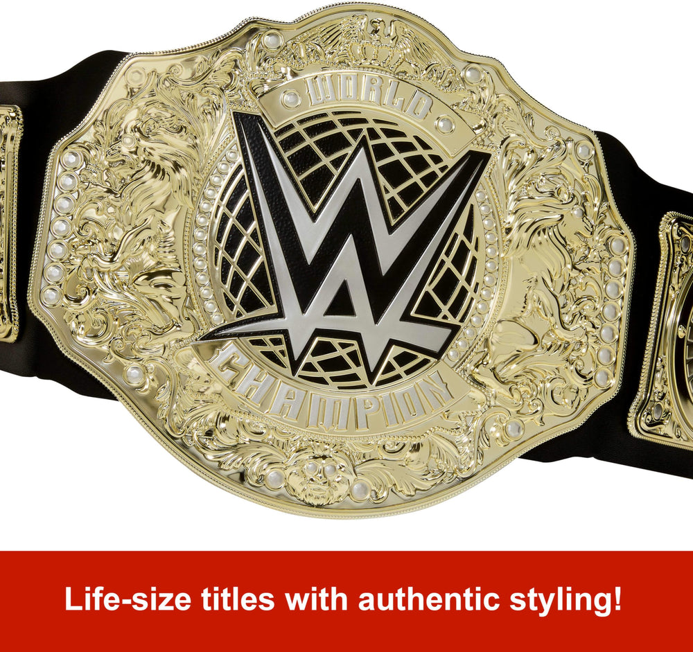 Mattel WWE Championship belt worn by child demonstrates comfortable fit for long play sessions.