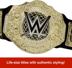 Mattel WWE Championship belt worn by child demonstrates comfortable fit for long play sessions.