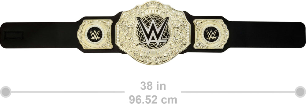 Mattel WWE Championship belt play scene evokes backstage excitement during favorite matches.