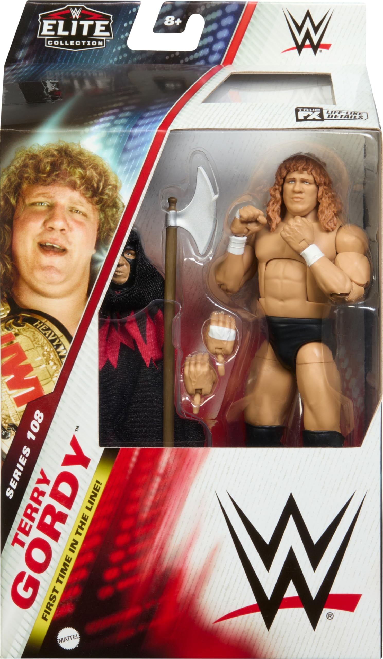 Mattel WWE Elite 108 Terry Gordon articulation points highlighted for dynamic poses.