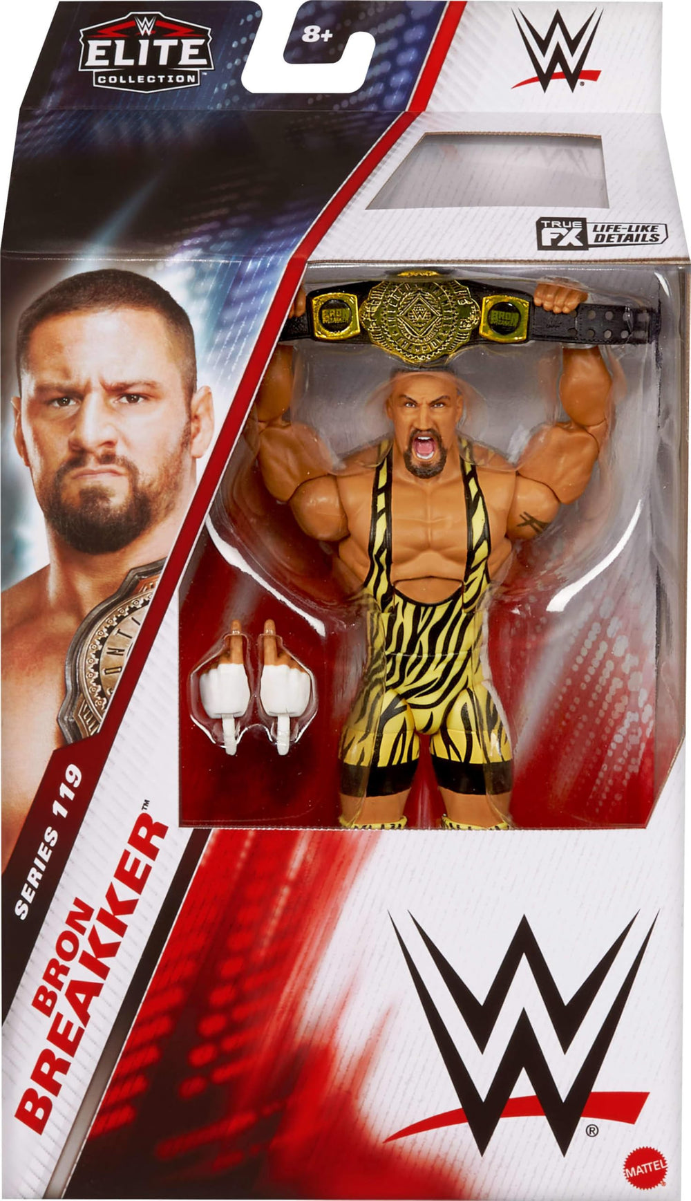Mattel WWE Elite Bron Breaker articulation details enable realistic posing.