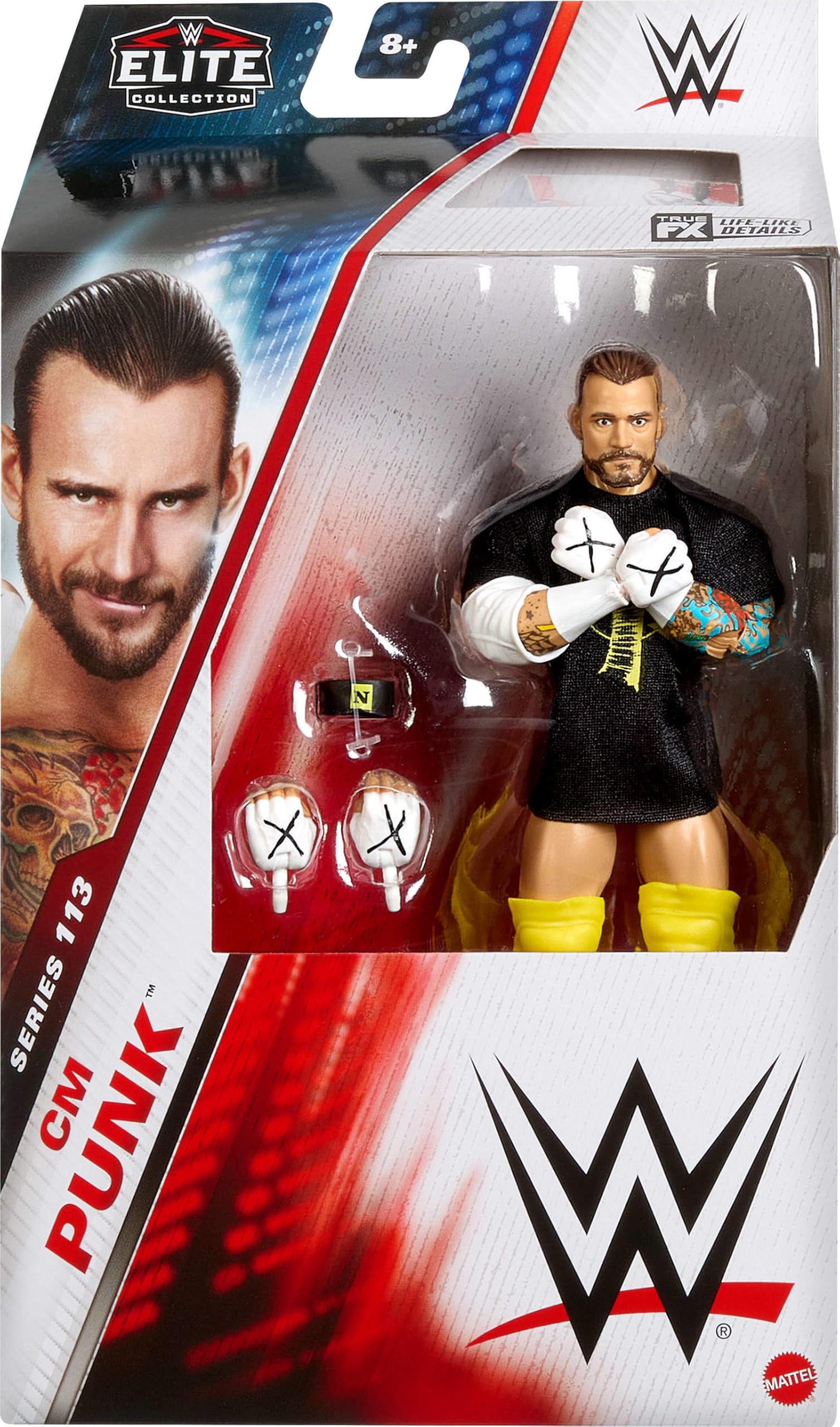 Mattel WWE Elite CM Punk figure showing 25 articulation points for dynamic posing.