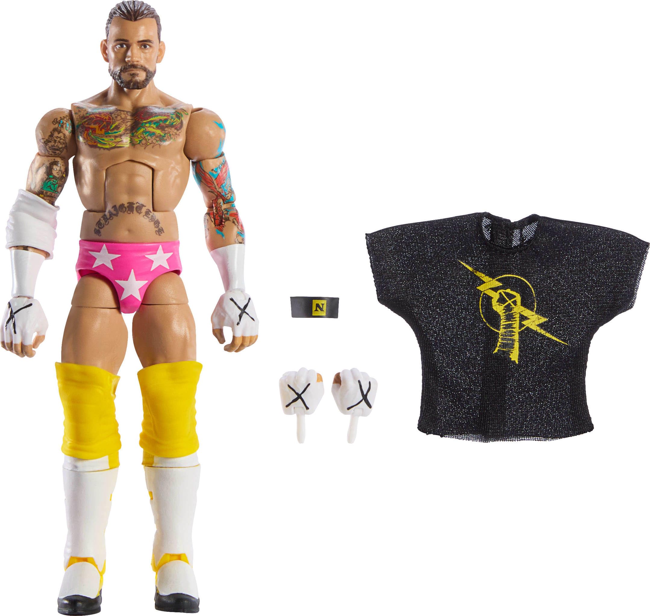 Mattel WWE Elite CM Punk figure close-up face with lifelike detailing for display.