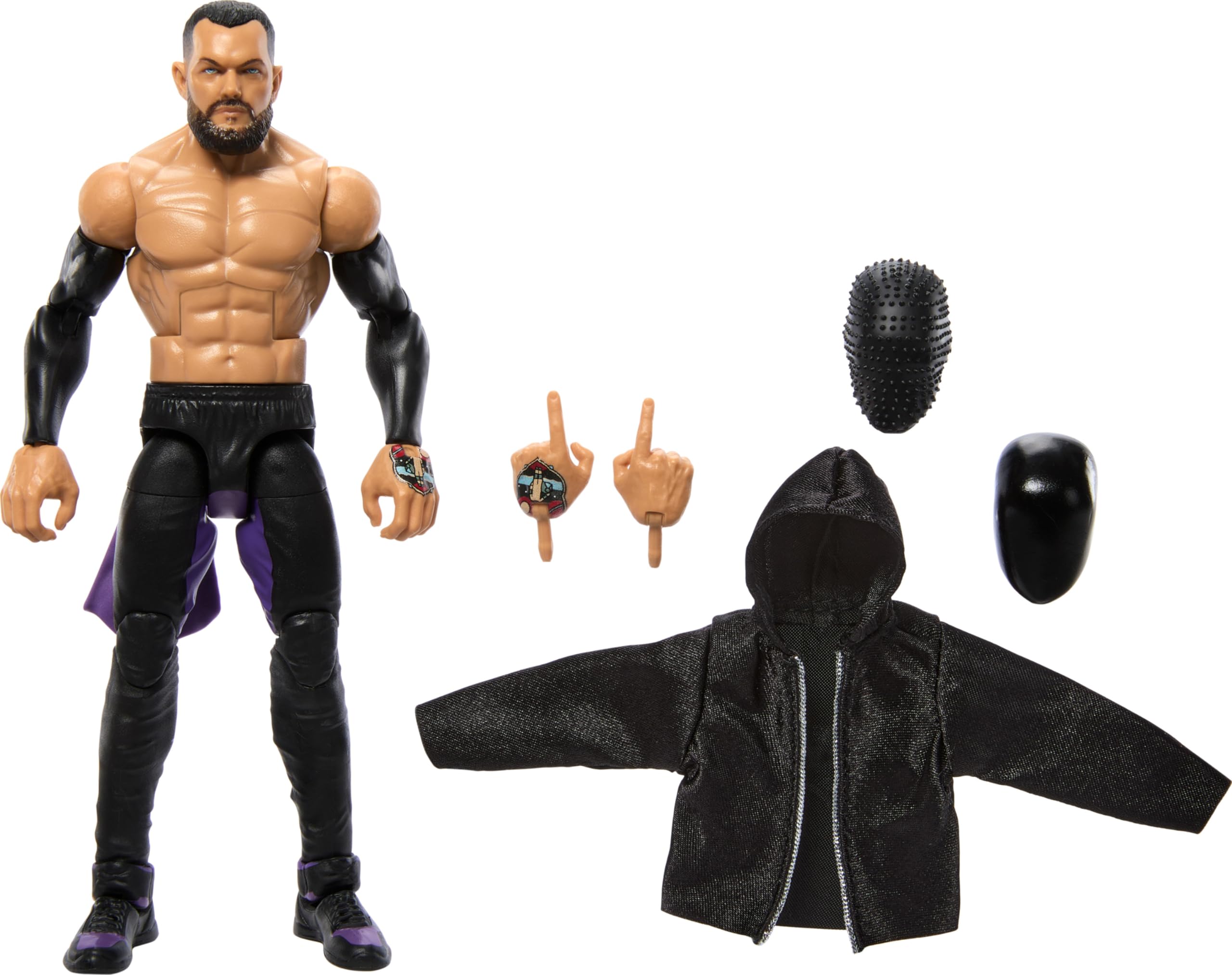 Mattel WWE Elite Finn Balor figure close-up with TrueFX detailing for display.
