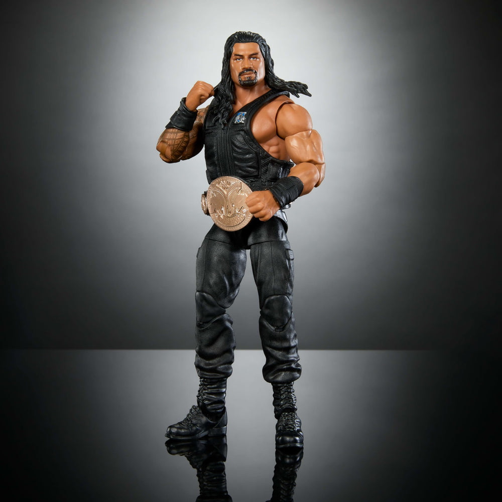 Mattel WWE Elite Roman Reigns iconic accessories enhance display and play.