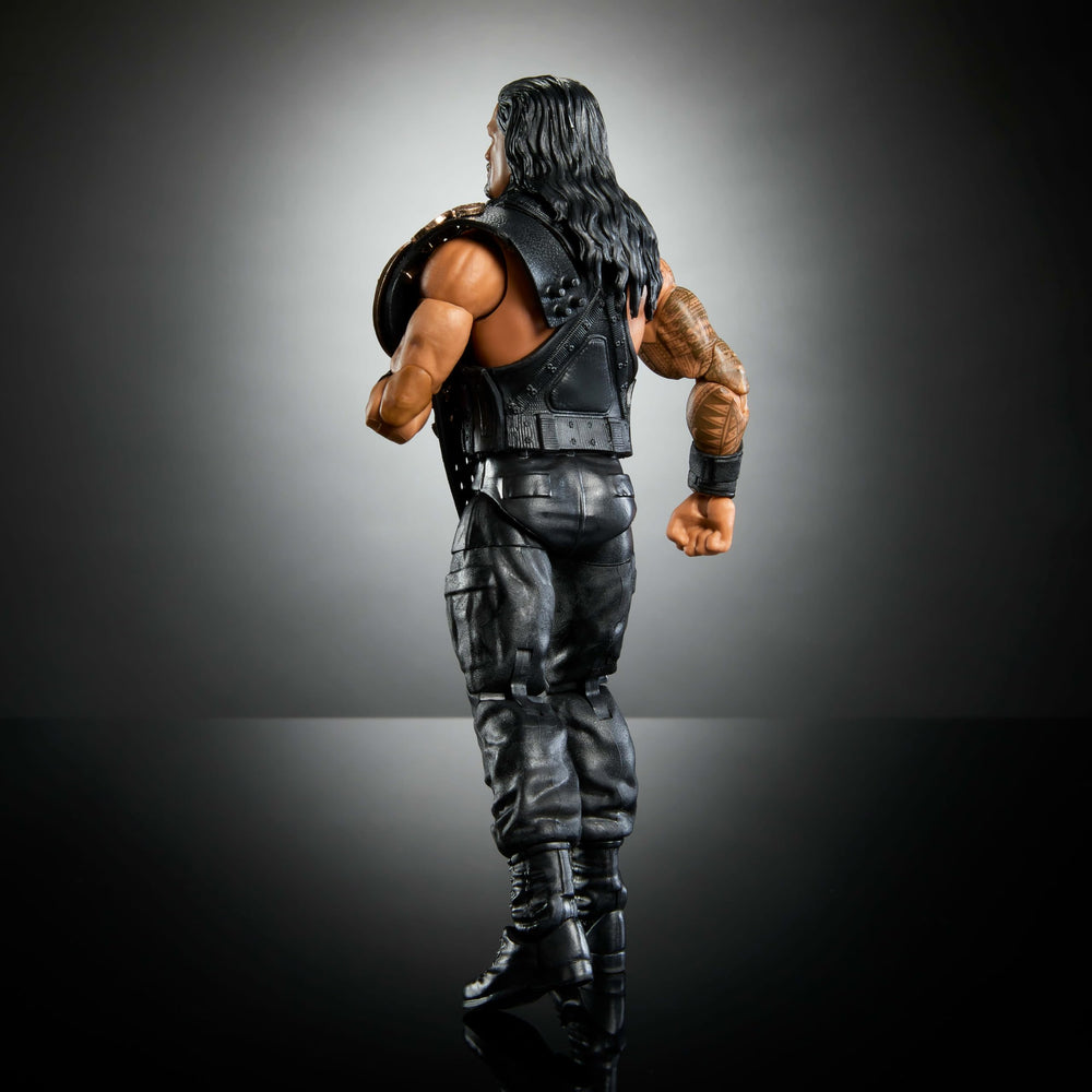 Mattel WWE Elite Roman Reigns packaging and stand ready for shelf display.