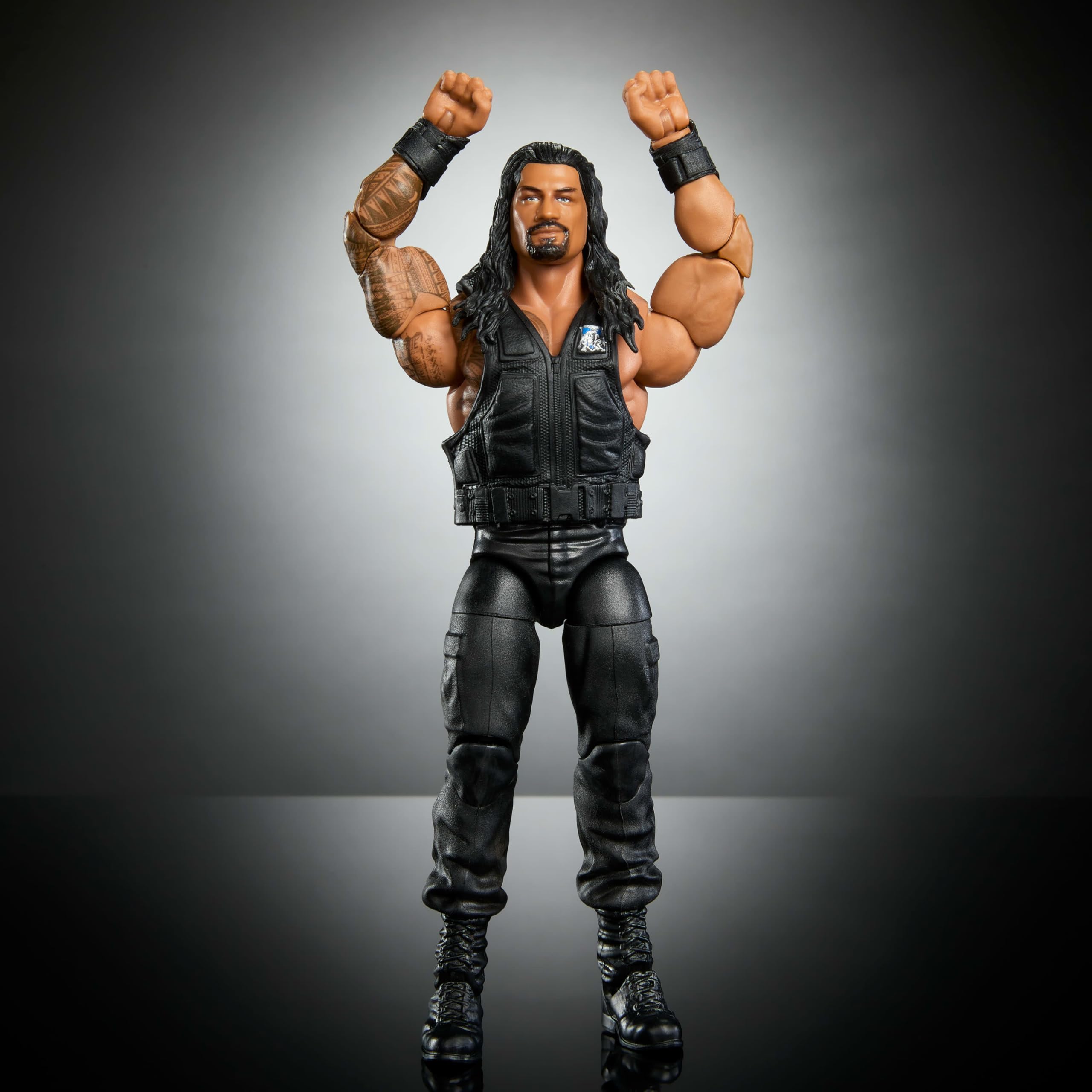 Mattel WWE Elite Roman Reigns TrueFX detailing for life-like likeness.